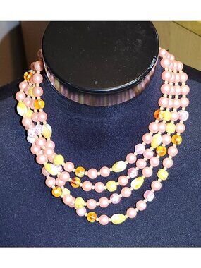 Vintage Pink & Yellow Faux Pearl 4-Strand Necklace Classic Jewelry